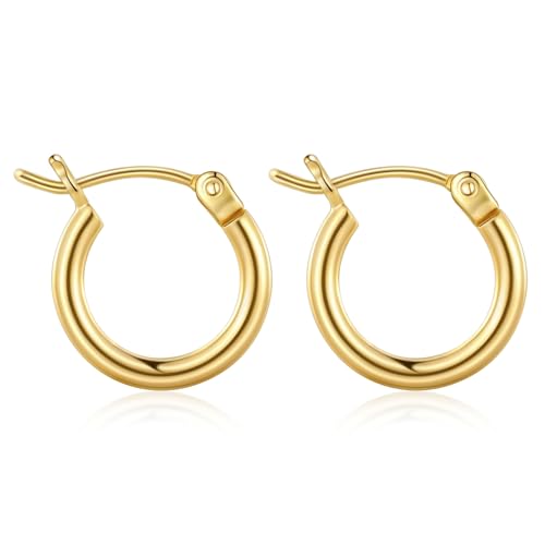 Gold Hoop Earrings for Women 14K Gold Plated | 925 Sterling Silver Post Hypoallergenic Hoop Earrings - color: Gold, size: 14mm