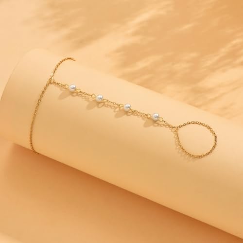 Gold Hand Chain Bracelet for Women 18K Gold Plated Stainless Steel Ring Bracelet Hand Chain with Pearl Star CZ Adjustable Hand Jewelry Chain Gifts - color: Y 4Pearl-Gold
