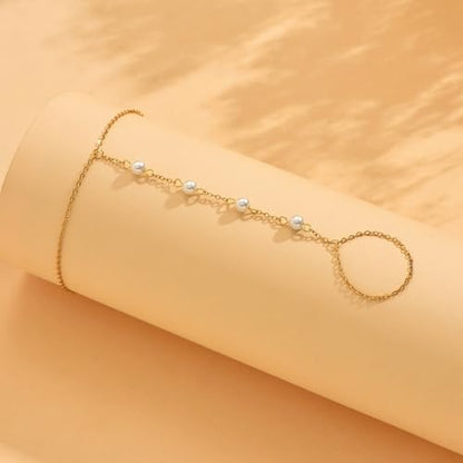 Gold Hand Chain Bracelet for Women 18K Gold Plated Stainless Steel Ring Bracelet Hand Chain with Pearl Star CZ Adjustable Hand Jewelry Chain Gifts - color: Y 4Pearl-Gold