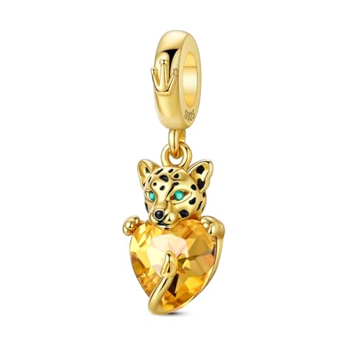 Hapour 925 Sterling Silver Charms for Bracelet Necklace Dangle Pendant Bead | Whale Shark Charm, Glow in the Dark, Matryoshka Russian Doll Baking European Jewelry Charm, 14k Gold Plated - style: Golden Leopard Holding a Heart