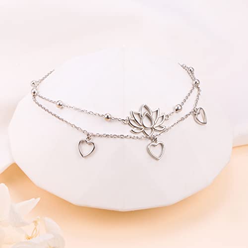 Flyow Anklet for Women S925 Sterling Silver Adjustable Foot Beaded Heart Charm Ankle Bracelet Anklets Jewelry - style: lotus