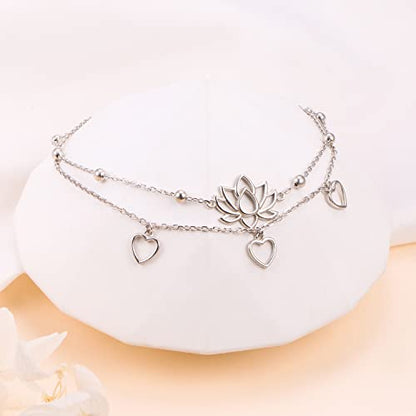 Flyow Anklet for Women S925 Sterling Silver Adjustable Foot Beaded Heart Charm Ankle Bracelet Anklets Jewelry - style: lotus