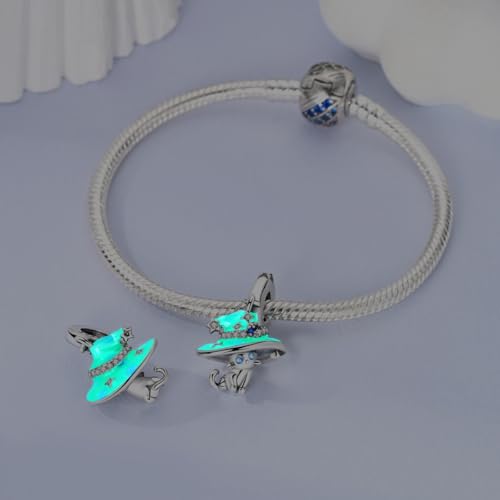 LNQOBU 925 Sterling Silver Charms Color-changing Chameleon Dangle Charm Beads Glow in the Dark Charme fits Pandora Bracelets and Necklace Jewelry Gift for Women - style: The cat's hat can glow