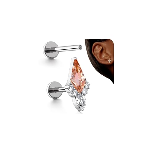 G23 Titanium 16G Tragus Conch Piercing Jewelry Flat Back Stud Earrings | Hypoallergenic CZ Nose Dangle Helix Medusa Lip Labret Body Piercing Jewelry, 14K Gold Plated, Silver, 6 and 8 mm Post Length - color: Majesty-Titanium