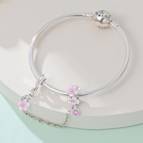 Charm for Bracelets and Necklaces Heart Cat Flower Boy 925 Sterling Silver Bead Birthday Jewelry Gift for Women - color: Cherry Blossom Safety Chain Charm