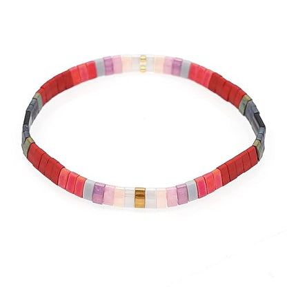 Sonateomber Tila Flat Beaded Stretch Bracelets for Women, Trendy Unique Colorful Square Beads Handmade Stack Bracelet Friendship Accessories Fashion Jewelry Gift - color: Grey Red