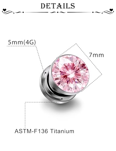 Astm F136 Titanium CZ Ear Gauges Screw Fit Flesh Tunnels Plugs Gauges Earring Expander Stretcher Ear Tunnels For Ears 10G 8G 6G 4G 2G 0G 00G Plug Earrings Body Piercing Jewelry For Women Men - color: 4G Gauges,Pink CZ