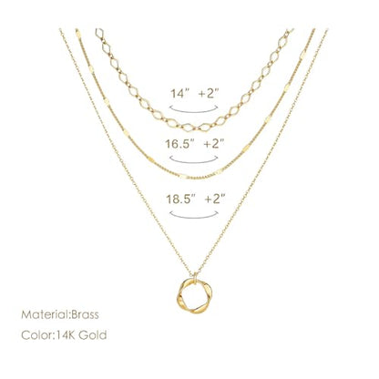 Gold Layered Necklaces for Women Stack Boho Stacking Layering 14K Gold Plated Chain Necklaces Set Cuban Link Herringbone Twist Chain Square Coin Pendant Necklace Jewelry Gifts Trendy Stuff - color: B Gold Layered Circle Neckalce
