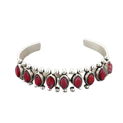 COLORFUL BLING Bohemian Turquoise Engraved Cuff Bracelet Natural Stone Adjustable Wrap Bangle Western Style Gemstone Boho Jewelry for Women - color: Red