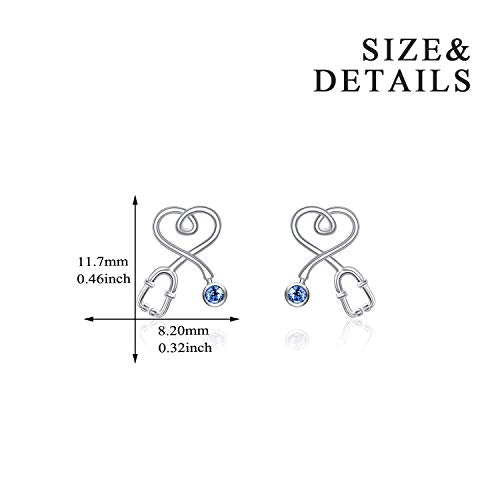 Stethoscope Earrings 925 Sterling Silver Heart Studs Earrings 12 Months Birthstone Crystals from Austria, Graduation Jewelry Gifts for Nurse Doctor RN Medical Student - color: Simulated Sapphire