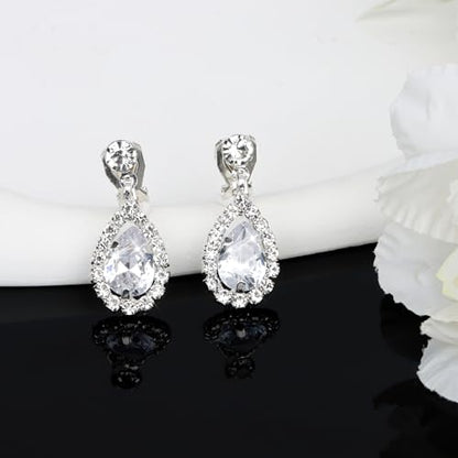 CIEHER Silver 2/3 Pieces Women Jewelry Set - Drop Necklace + Crystal Teardrop Dangle Earring Clips, Crystal Clip On Earrings Silver Non Pierced - style: Clip On - Style B