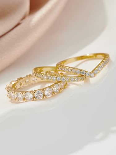 Stackable Gold Rings for Women Non Tarnish Dainty 14K Gold Plated Band Rings Cubic Zirconia Thumb Ring Trendy Statement Stacking Rings Set Promise Wedding Bands Engagement Rings Size 6-10 - color: 14K Gold Plated