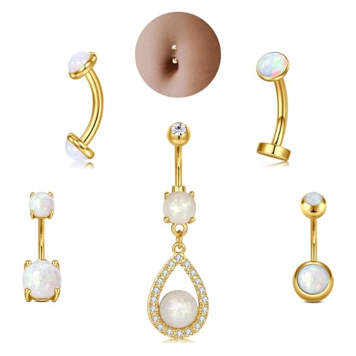 MODRSA Gold Belly Button Ring Dangle Belly Rings Silver Pink Dangling Dangly Belly Button Piercing Hypoallergenic Surgical Steel Opal Butterfly Navel Rings for Women Cute Dainty Navel Jewelry - color: E1- Mix opal 5pcs- gold