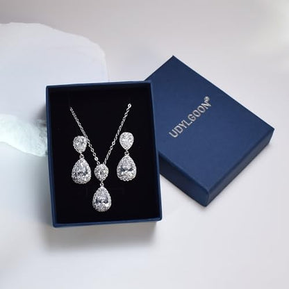 Bridal Jewelry Set for Women, Cubic Zirconia Teardrop Bride Bridesmaid Necklace and Earrings Set for Wedding Prom Formal - color: White Gold