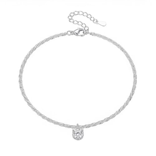 Silver Heart Charm Link Anklet for Women, Adjustable Handmade Cubic Zirconia Stackable Waterproof Summer Beach Chain Anklets Jewelry Accessories Gift - color: Silver CZ