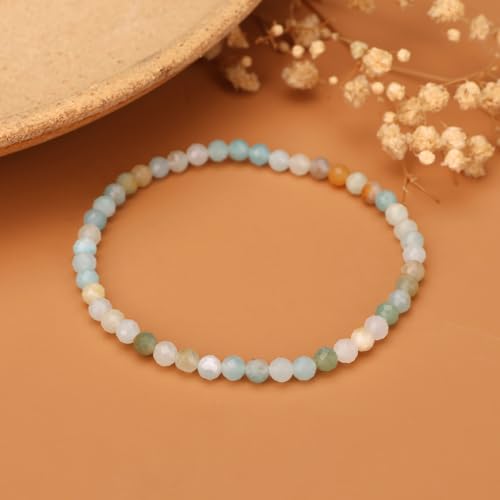 Natural Faceted Crystal Bracelet for Women,4mm Gemstone Round Beads Bracelets Adjustable Stretchy Healing Crystal Beads Bracelets Dainty Jewelry Gift - color: Amazonite
