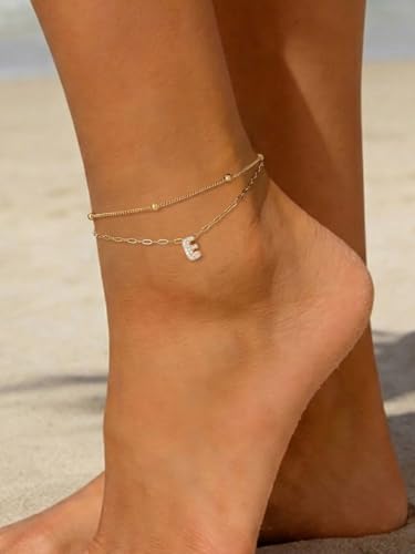 Richsteel Initial Ankle Bracelets for Women Waterproof, 14K Gold Plated/Silver Stainless Steel Anklets, Dainty Adjustable Layered Anklets with Bubble Letter, Non Tarnish Summer Beach Jewelry with Gift Box - color: E-Gold-Plated