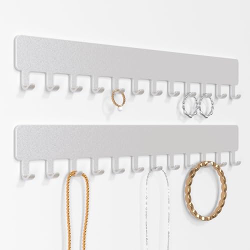 Necklace Holder Wall Mounted,Self Adhesive Jewelry Organizer,2 Pack,Silver | Modern Design,24 Hooks for Jewelry,Self Adhesive No Drilling,Durable Metal Design,for bedroom/closet/bathroom/vanity - color: Silver