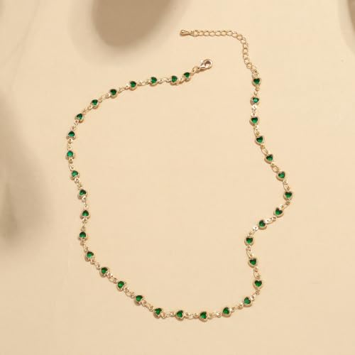Colorful Necklace for Women,14K Gold Plated Chain With Crystal Necklace Womens Statement Cute Trendy Surfer Beach Choker Necklaces Gifts - color: Green Heart