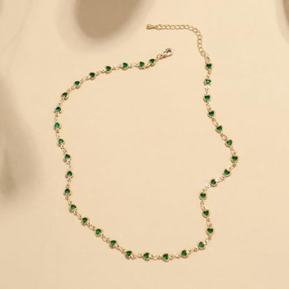 Colorful Necklace for Women,14K Gold Plated Chain With Crystal Necklace Womens Statement Cute Trendy Surfer Beach Choker Necklaces Gifts - color: Green Heart