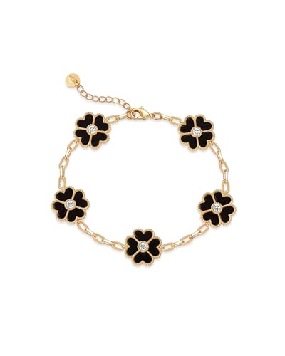 PAVOI 14K Gold Plated Clover Bracelets for Women - Flower Four Leaf Clover Bracelet - Mother of Pearl & Onyx Gemstone Lucky Flower Design - Adjustable Trendy Jewelry Gifts - style: Black Onyx Flower