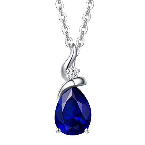 FANCIME 14K Solid White Gold Birthstone Pendant Necklace for Women with Diamond Pear Shaped Teardrop Necklace Birthday Gifts for Mom Women,Sterling Silver Chain 16" + 2" Extender - color: 09-Sapphire