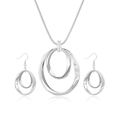 3 Circles Silver Hoop Earrings Necklace Set for Women Geometric Jewelry Set | 925 Silver Hypoallergenic Small Hoop Circle Geometry Textured Finish Minimalist Style Comfortable Wear - style: Silver Two Hoops
