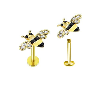 Cute Honeybee Cartilage Labret Monroe Stud Earrings 316L Surgical Stainless Steel Crystal Cubic Zirconia Bee Tragus Conch Helix Studs Lip Nose Rings Fashion Body Piercing Bar 6mm 8mm Length Jewelry Gifts for Women Girls 16G - color: 8mm