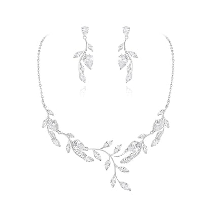 Cubic Zirconia Leaf Vine Wedding Jewelry Set for Bride Women Bridesmaid | Pear-Shaped Birthstone, Necklace Dangle Earrings for Bridesmaid, Silver-Plated-Brass - color: 2pcs_White Silver-Plated-Brass