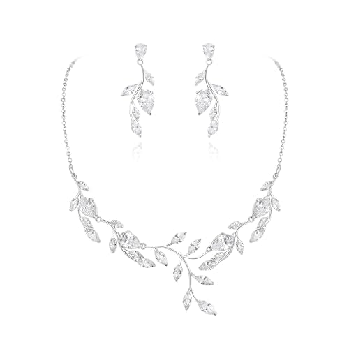 Cubic Zirconia Leaf Vine Wedding Jewelry Set for Bride Women Bridesmaid | Pear-Shaped Birthstone, Necklace Dangle Earrings for Bridesmaid, Silver-Plated-Brass - color: 2pcs_White Silver-Plated-Brass