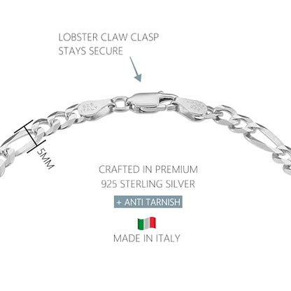 KISPER Solid 925 Sterling Silver Chain Bracelet for Men 5mm | Made in Italy, anti-tarnish, waterproof, hypoallergenic, nickel-free, 6.5-9 inches, cuban curb figaro links - size: 7 inches (Small)