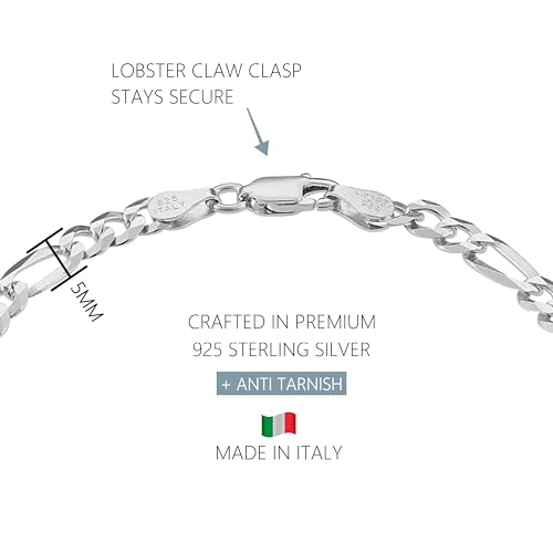 KISPER Solid 925 Sterling Silver Chain Bracelet for Men 5mm | Made in Italy, anti-tarnish, waterproof, hypoallergenic, nickel-free, 6.5-9 inches, cuban curb figaro links - size: 9 inches (Large)