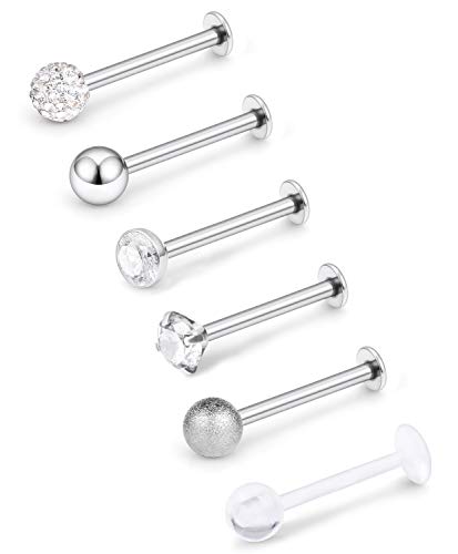 16G Stainless Steel Labret Studs Monroe Lip Rings Retainer Cartilage Tragus Nail Conch Helix Earring Barbell Piercing Jewelry with Clear Diamond CZ for Women Men - color: 5/16"(8mm) silver-tone