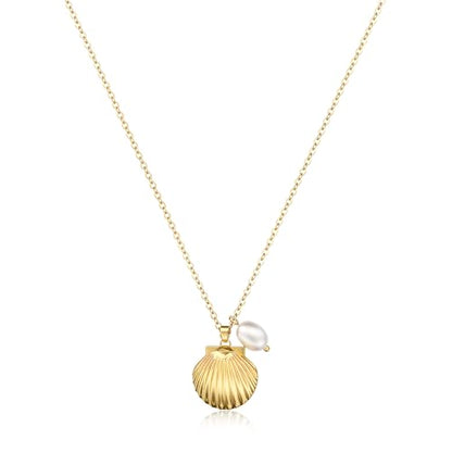 Shell Starfish Charm for Women, Dainty Layered 14K Gold Plated Seashell Conch Starfish Pearl Pendant Necklace for Women Stack Trendy Beach Cuban Link CZ Chain Necklace Summer Vacation Jewelry - color: Shell Pearl Necklace