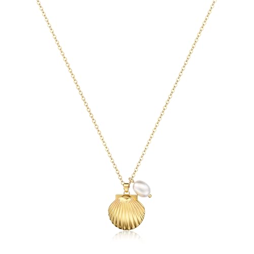 Shell Starfish Charm for Women, Dainty Layered 14K Gold Plated Seashell Conch Starfish Pearl Pendant Necklace for Women Stack Trendy Beach Cuban Link CZ Chain Necklace Summer Vacation Jewelry - color: Shell Pearl Necklace