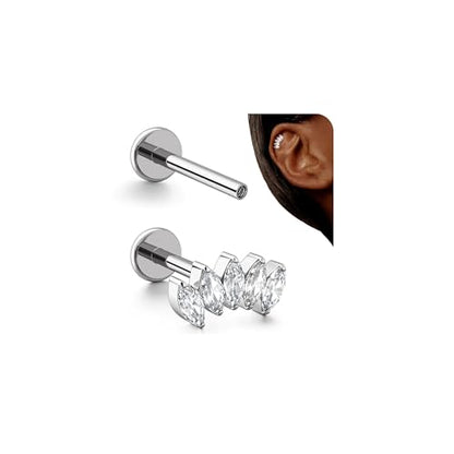 G23 Titanium 16G Tragus Conch Piercing Jewelry Flat Back Stud Earrings | Hypoallergenic CZ Nose Dangle Helix Medusa Lip Labret Body Piercing Jewelry, 14K Gold Plated, Silver, 6 and 8 mm Post Length - color: Marquise Flow-Titanium