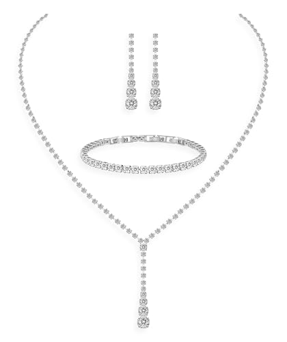 GZWHD Wedding Jewelry Sets for Bride Bridesmaid Women Cubic Zirconia Necklace Earrings Bracelet Set Gift for Mother Friend Wife Daughter Sister Party Prom Jewelry - color: 004-White