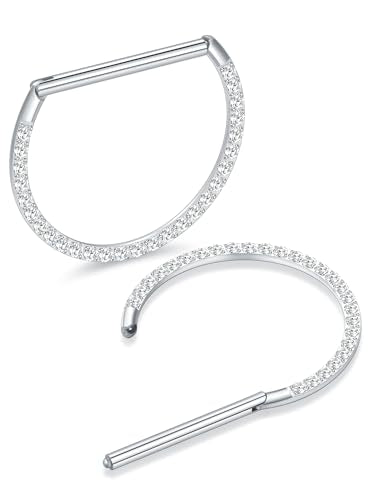 Oveta Titanium D Shaped Nipple Rings 14G for Nipple Piercing Jewelry Higned Segment Clicker Cartilage Hoop Earring 12mm 14mm 16mm for Women Men, Silver/Gold/Black, 2PCS - color: Silver CZ, size: 16mm Bar