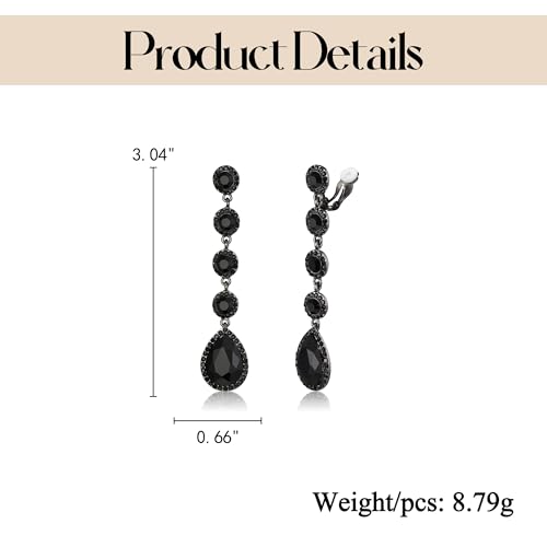 EleQueen Women's Wedding Crystal Teardrop Pear Shape 3 Inch Clip on Long Dangle Earrings for Bride Bridesmaid, Jewelry for Party Prom/Anniversary - color: Black Black -Tone