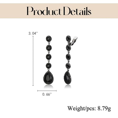 EleQueen Women's Wedding Crystal Teardrop Pear Shape 3 Inch Clip on Long Dangle Earrings for Bride Bridesmaid, Jewelry for Party Prom/Anniversary - color: Black Black -Tone