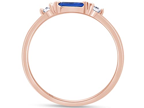 3 Stone Stackable Ring for Women with Birthstone And White Cubic Zircionia | Dainty Minimalist Ring In 14K Gold Over Sterling Silver - color: Rose Gold : Simulated Blue Sapphire
