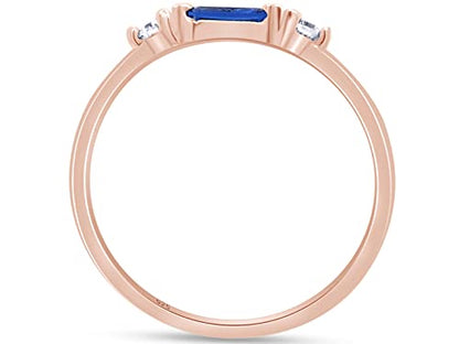 3 Stone Stackable Ring for Women with Birthstone And White Cubic Zircionia | Dainty Minimalist Ring In 14K Gold Over Sterling Silver - color: Rose Gold : Simulated Blue Sapphire