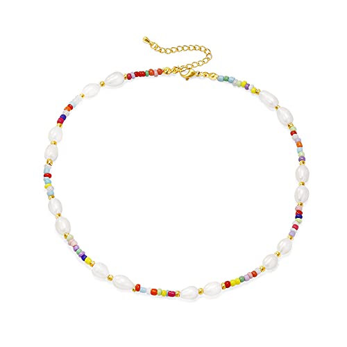Wellike Freshwater Pearl Beaded Necklace for Women Handmade Boho Colorful Glass Beads Choker Necklace Stainless Steel 18K Gold Plated Bohemian Women Summer Jewelry Gifts - color: KKWX1070