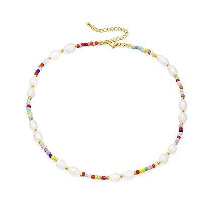 Wellike Freshwater Pearl Beaded Necklace for Women Handmade Boho Colorful Glass Beads Choker Necklace Stainless Steel 18K Gold Plated Bohemian Women Summer Jewelry Gifts - color: KKWX1070