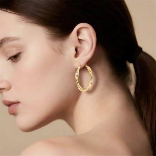 Hoop Earrings 14K Gold Plated Earrings for Women Thick Large Diamond Hoops Earring Twisted Wave Huggie Earring 30/40MM - size: 40MM