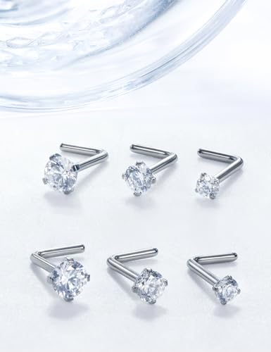 18G 20G 22G Stainless Surgical Steel Titanium Nose Rings Studs for Women L Shaped Nose Rings Screw Nose Studs Nostrial Piercing Jewelry for Women Men Silver Gold Black - style: 18G/Clear CZ/L-shaped/Titanium
