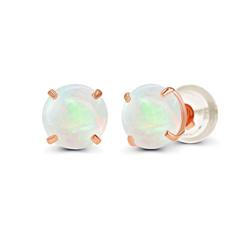 Solid 14K Yellow or White or Rose Gold 6mm Round Genuine Birthstone Gemstone Prong Set Stud Earrings For Women - color: Opal Genuine