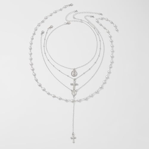 KURTCB Rhinestone Necklace for Women Boho Long Y Lariat Gold Necklace Stack Colorful Summer Beach Jewelry - color: Silver Pearl Cross