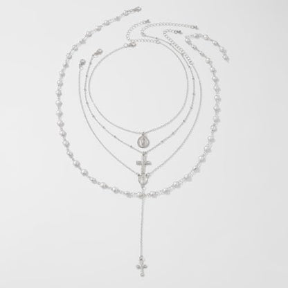 KURTCB Rhinestone Necklace for Women Boho Long Y Lariat Gold Necklace Stack Colorful Summer Beach Jewelry - color: Silver Pearl Cross