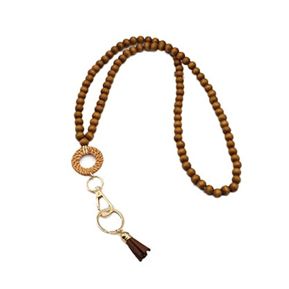 COLORFUL BLING Handmade Braided Rattan Straw Wicker Y-Shaped Long Chain Tassel Necklace Wooden Beads Statement Lanyards Pendant Necklace Women Jewelry